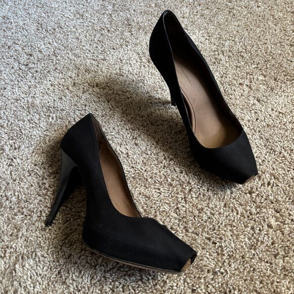 Luca Valentini Heels Womens 38 Black Fabric Peep Toe Stiletto Platform Designer - Picture 1 of 7
